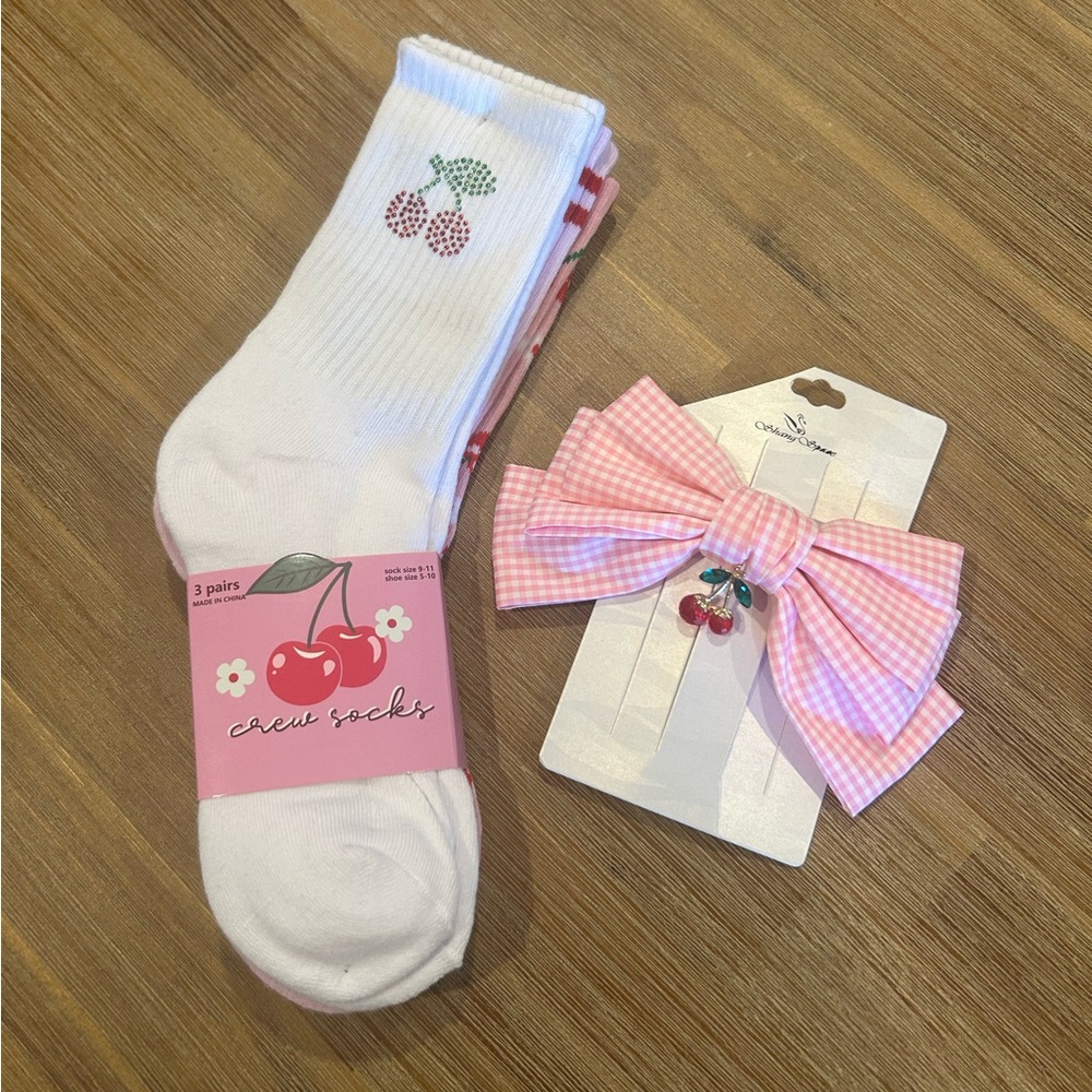 Cherry Crew Socks & Cherry Gingham Bow Hair Clip 🍒